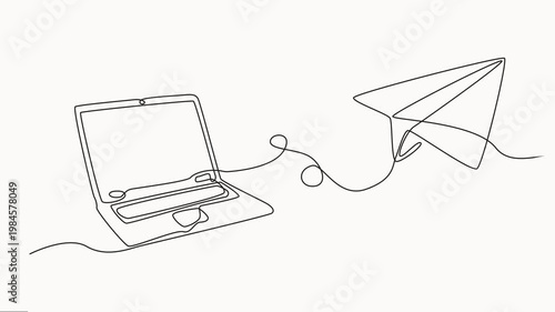 Self drawing line animation laptop computer with paper plane as business concept of startup, Animation video with one line drawing of Notebook connected with paper plane.