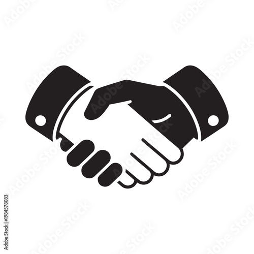 A simple black and white illustration depicting a successful handshake agreement