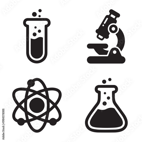 Cute Science and Chemistry Icon Set - Isolated Flat Vector Black Silhouette Graphic Resource