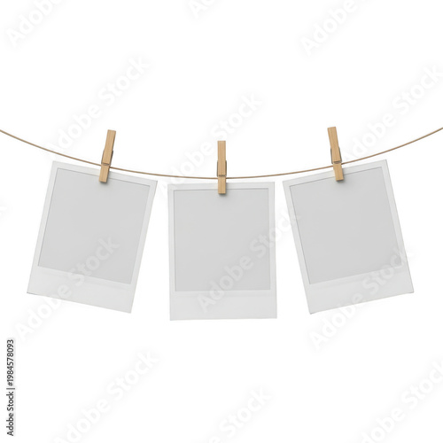 Clothespins holding three blank sheets of paper on a laundry line isolated on transparent background