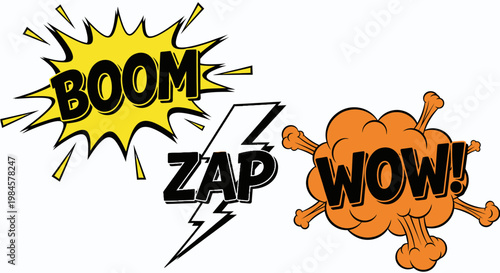 Comic book style sound effects with 'BOOM', 'ZAP', and 'WOW!' onomatopoeia.