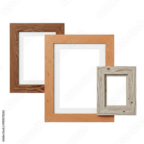 Three wooden frames of varying sizes displayed side by side isolated on transparent background