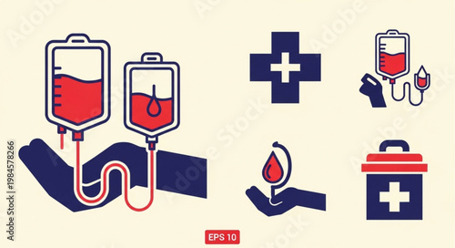 Blood donation icons and symbols for medical and health awareness.