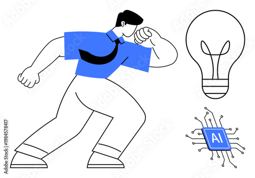 Innovation, artificial intelligence, creative thinking, technology development, energy solutions, modern ideas. Animated male figure in a dynamic pose with a lightbulb and AI chip. Innovation