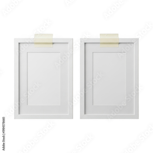 Two empty white picture frames with hanging clips attached at the top isolated on transparent background