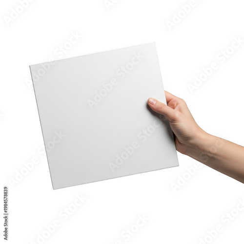 A hand holding a plain gray square panel against a light background isolated on transparent background