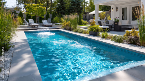  a modern inground swimming pool with crystal clear water, in a landscaped garden. A bubbling outdoor spa is visible on the terrace. Surrounded by el