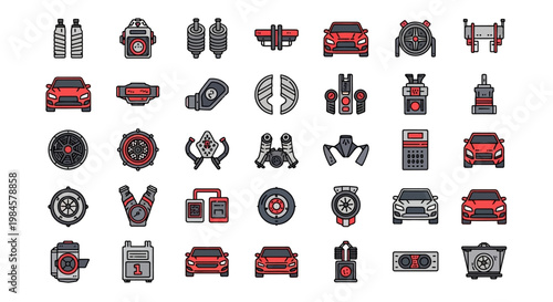 Collection of car engine parts icons.