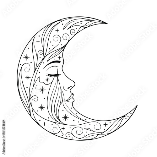 Elegant Artistic Illustration of a Crescent Moon with a Calm Female Profile