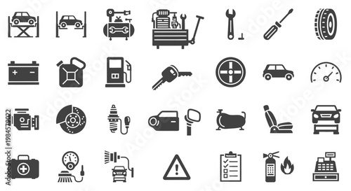 Black icons of car service tools.