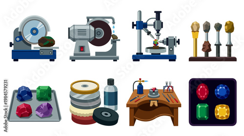 Gemstone cutting and polishing tools with various equipment and gemstones