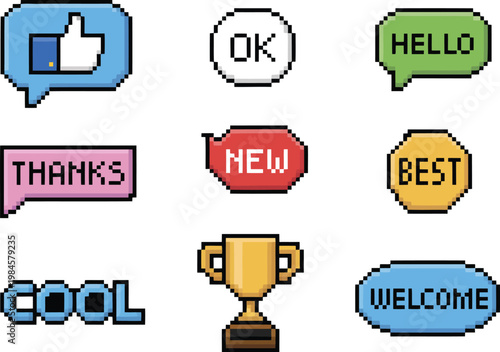 Set of diverse pixelated icons including message bubbles, a thumbs up gesture, and a championship award