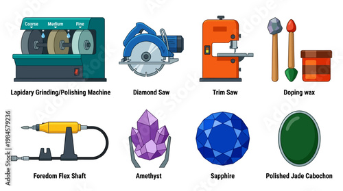 Jewelry making tools and gemstones for crafting and polishing precious stones