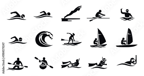 Water sports icon set with 15 black silhouettes. Swimming, surfing, and diving vector pictograms. Summer aquatic activity symbols for sports branding.