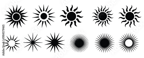 Sun symbol collection with different ray shapes and starburst elements, black icons isolated on white background, light and energy concept, minimal and modern vector design for weather, summer