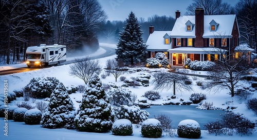 A snowy scene with a house, RV, trees, and pond at dusk. Soft light emanating from the home, and fog on a road with a vehicle
