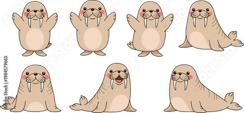 Cute Walrus Cartoon Collection with Different Poses Sitting Waving and Smiling Adorable Arctic Animal Character Vector Illustration Set