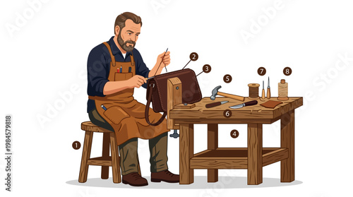 Skilled craftsman meticulously working on a leather bag in his workshop