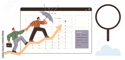 Business strategy, teamwork, risk management, success, financial growth, problem solving. Two people climbing an upward arrow holding an umbrella for protection with a screen in the background