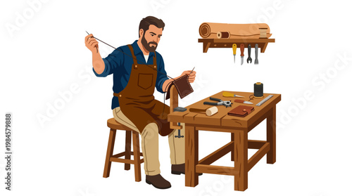 Skilled craftsman sewing leather goods in a workshop with various tools