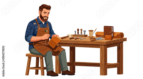 Skilled craftsman sewing leather goods in workshop with various tools