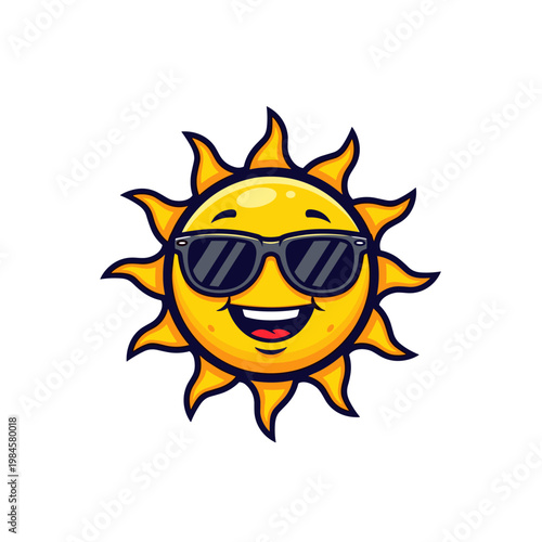 Happy cartoon sun character wearing black sunglasses and smiling cheerfully