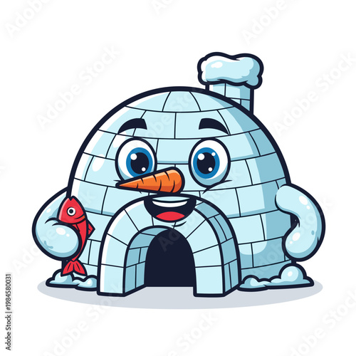 Happy cartoon igloo character holding a red fish and smiling cheerfully