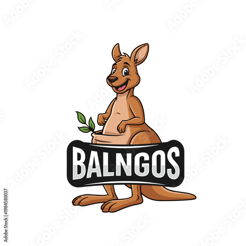 Happy cartoon kangaroo mascot holding a leafy branch in its pouch with Balngos text banner