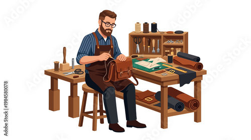 Skilled craftsman meticulously working on a leather bag in his workshop surrounded by tools and materials