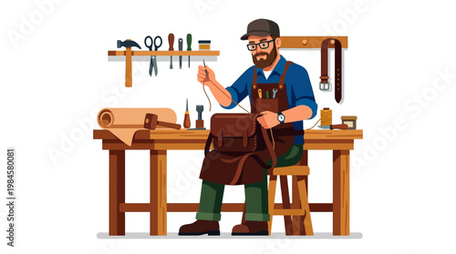 Skilled craftsman working on leather goods in a workshop with various tools