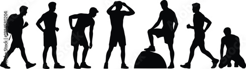 Seven male silhouettes display active poses like walking, bending, and resting a foot on a rock