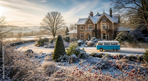 A snowy scene with a house, winding road, and a light-blue van driving through a winter landscape with frosted foliage