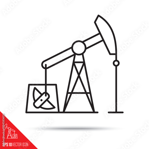 Pump jack vector line icon. Oil extraction symbol. 
