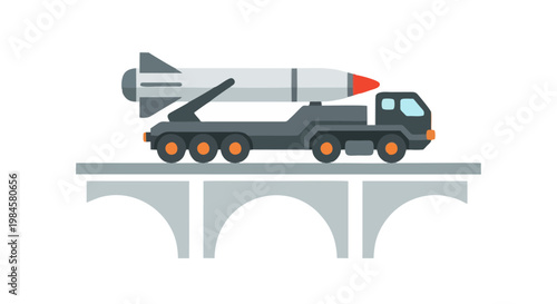 Military missile launcher truck carrying a large ballistic missile crosses an arched bridge illustration.