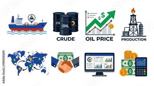 Global crude oil production and transportation business with rising prices and financial transactions worldwide