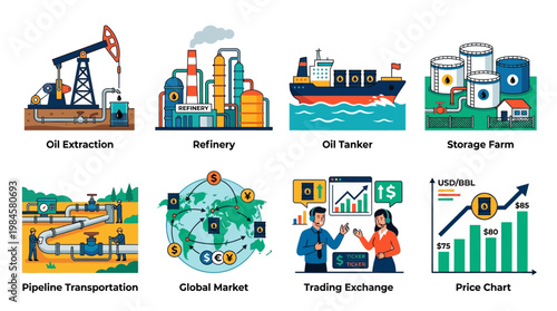 Oil industry process from extraction to trading and global market exchange