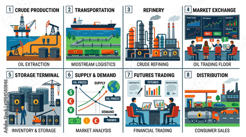 Oil and gas industry process from extraction to consumer sales infographic