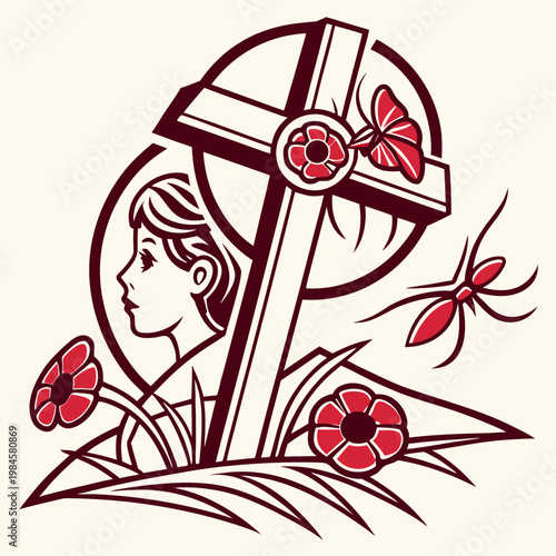 Memorial cross with woman profile and red poppy.