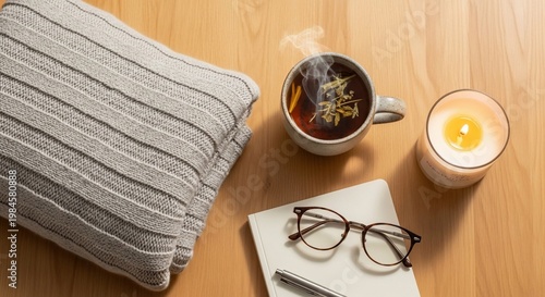 Cozy Still Life: Tea, Blanket, Candle, and Journal on Wooden Table