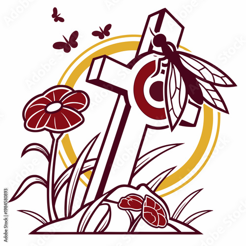 Cross with insect and flowers in nature setting.