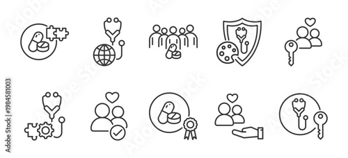 aging wellness icon collection for healthcare support nursing home service assisted living and senior lifestyle in modern vector outline style