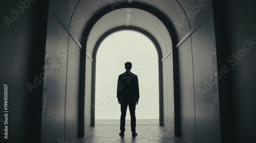 Silhouette of a Person Standing in a Dark Archway with White Background
