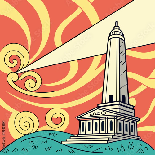 Minimalist monument tower with geometric clouds.