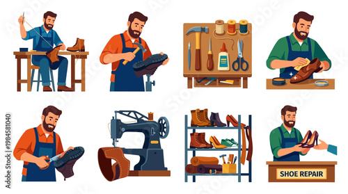 Cartoon illustration set of people working at a shoe repair shop with various tools and equipment