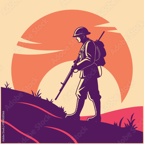 Soldier with rifle and backpack walking up a hill.
