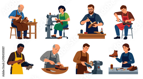 Shoe repair experts working on various footwear pieces with tools and machines