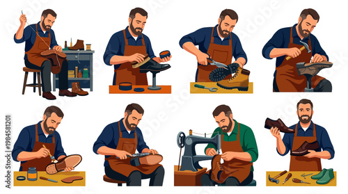 Cartoon cobbler working on shoes with various tools and techniques shown
