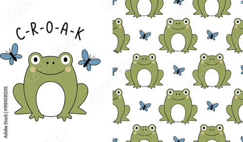 Seamless children style frog and dragonflies pattern, cute playful animal print for fabric and product design flat vector illustration