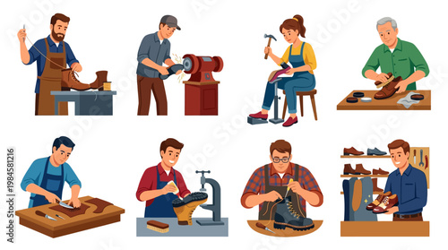 Shoe repair and making process with various skilled workers at different stations