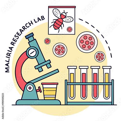 Malaria research lab microscope and test tubes.